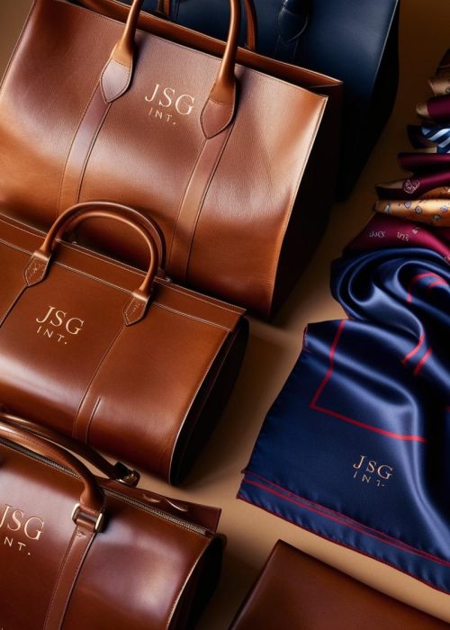 Leather Bags engraved with JSG Int. and John Scarfs