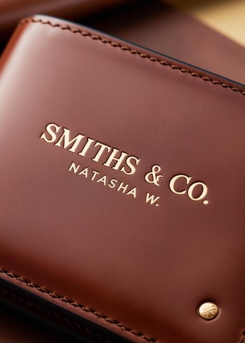 Leather mens wallet golden foil engraved with Smiths & CO. and Natasha .