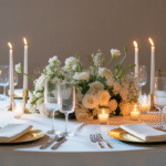 Elegant wedding reception table with floral centerpiece and candlelight