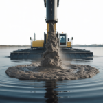 Autonomous wastewater dredge actively removing sludge from a large industrial lagoon, demonstrating efficient sludge management.