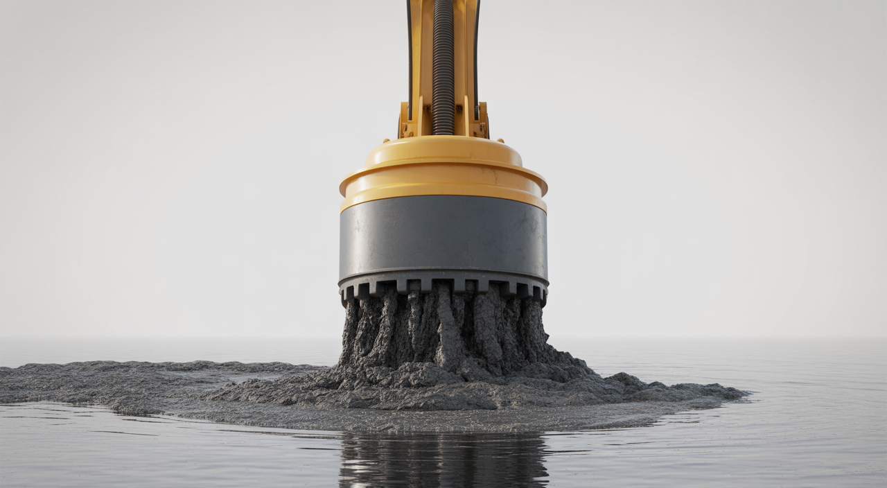 A specialized remote-controlled wastewater dredge cleaning a lagoon, highlighting the efficient removal of sludge while protecting environmental integrity.