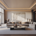 Luxury living room with modern elegant furniture, high ceilings, large windows, and sophisticated lighting.