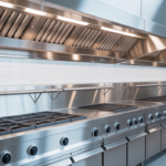 Spotless commercial kitchen with gleaming stainless steel hood, representing safety and compliance