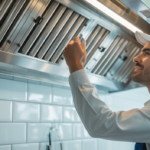 Professional kitchen hood cleaning technician inspecting a commercial kitchen exhaust system.