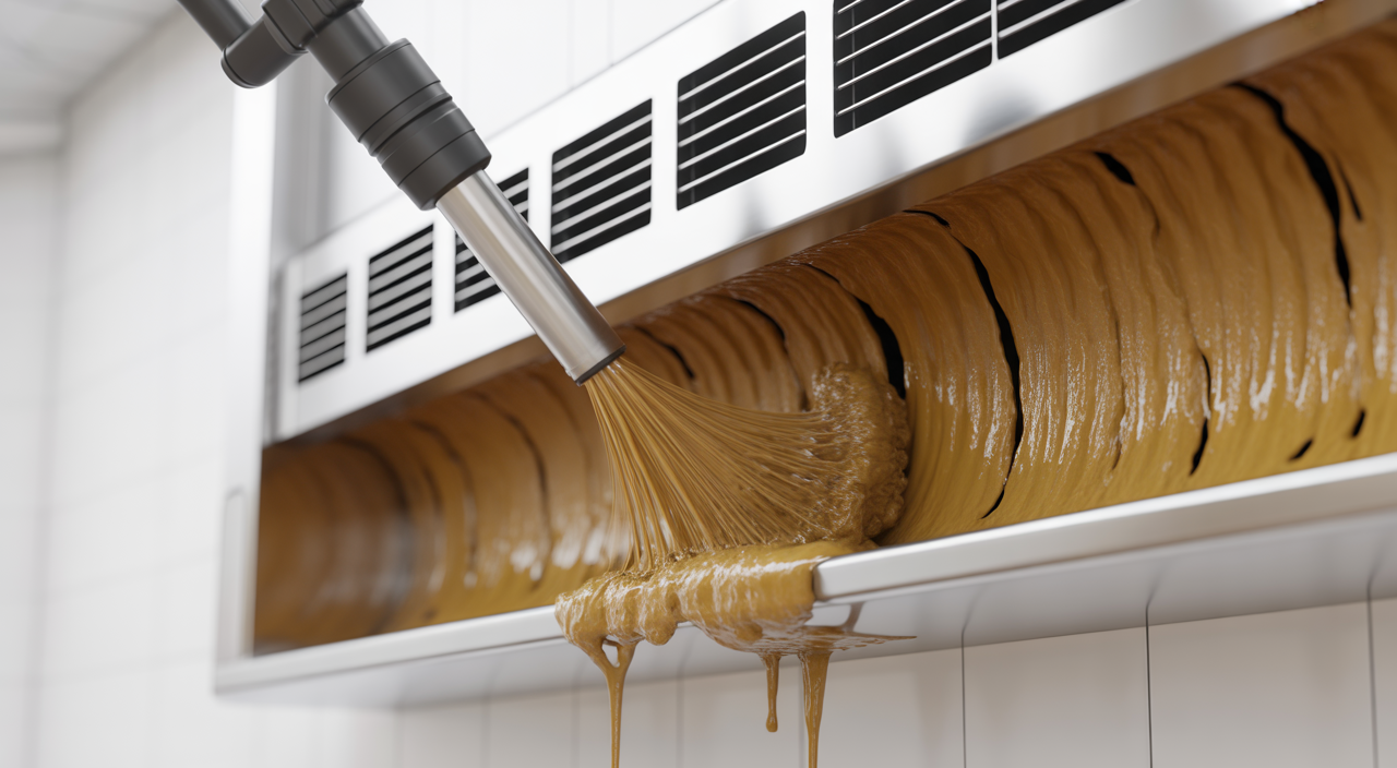 A professionally cleaned commercial kitchen exhaust hood, sparkling and free of grease.