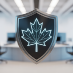 A digital shield with a subtle maple leaf design protecting a modern Canadian office, symbolizing cybersecurity for Canadian businesses.