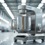 Modern industrial drum mixer blender in a clean factory setting, emphasizing homogeneity and efficiency in manufacturing processes.