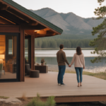 Romantic couple on a cabin deck overlooking Big Bear Lake at sunset, ideal for a getaway