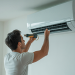 Professional handyman inspecting a modern air conditioning unit in a sleek Dubai home, representing reliable home maintenance services.