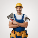 Professional handyman in uniform holding tools against a white background representing trusted Atlanta handyman services