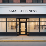 Photorealistic image of a modern small business storefront in Illinois with professional lighting and a clean white background