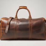 High-quality photograph of a vintage full-grain leather duffle bag with natural patina on a white background