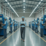 Photorealistic image of an Indian manufacturing facility showcasing machinery and workers in a clean, modern industrial environment