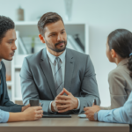 Photorealistic image of an independent insurance agent advising a family in a bright modern office