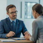 Photorealistic image of a business professional reviewing SaaS contract documents with a client in a bright modern office environment