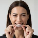 Close-up photorealistic image of a confident adult woman smiling with clear dental aligners, on a white background