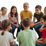 Diverse group of children and teenagers in a supportive peer group setting with a white background