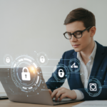 Small business owner using laptop with cybersecurity digital icons in a professional setting on white background