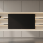 Photorealistic hero image of a modern, minimalist media wall with shelves and a mounted flat screen TV on a neutral background