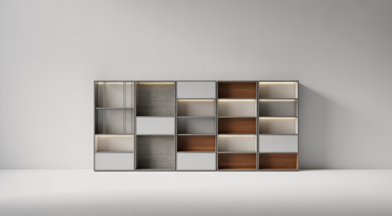 Modern living room media wall with integrated shelves and concealed storage around a mounted TV