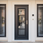 A modern custom security door with a sturdy metal frame and elegant grille design at a home entrance, highlighting security and style.