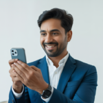 Indian small business owner confidently using Instagram on smartphone with clean background representing social media growth and digital marketing
