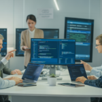 Professional modern technology workspace showing professionals collaborating on headless CMS solutions with laptops and coding, clean white background